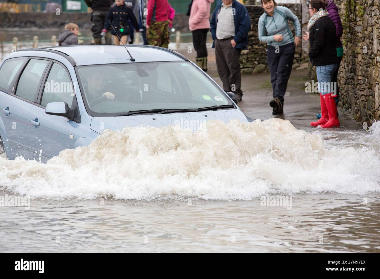 Auto fährt tief im Wasser auf der überfluteten Straße in Storth an der Mündung des Kent River Stockfoto