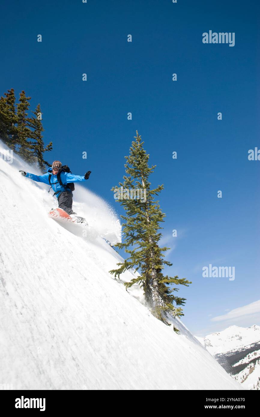 Ein Snowboarder führt an einem sonnigen Tag in Colorado einen steilen Abhang im Hinterland des Mount Axtel hinunter. Stockfoto