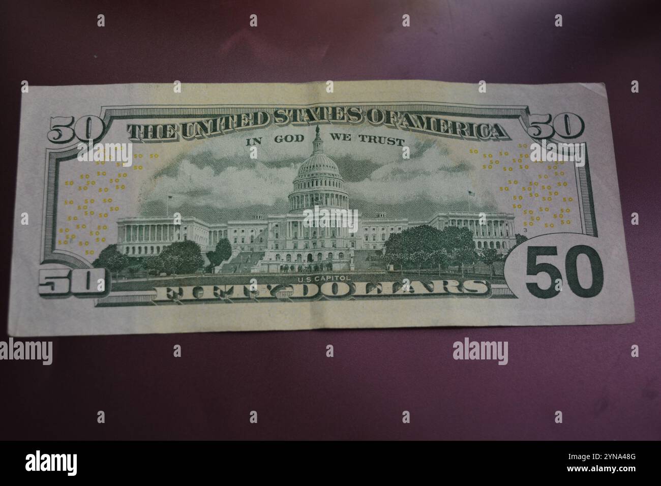 Natürliches amerikanisches Geld, Banknoten der vereinigten staaten von amerika in Höhe von 50 Dollar, 50 US-Dollar. Die Banknote. Stockfoto