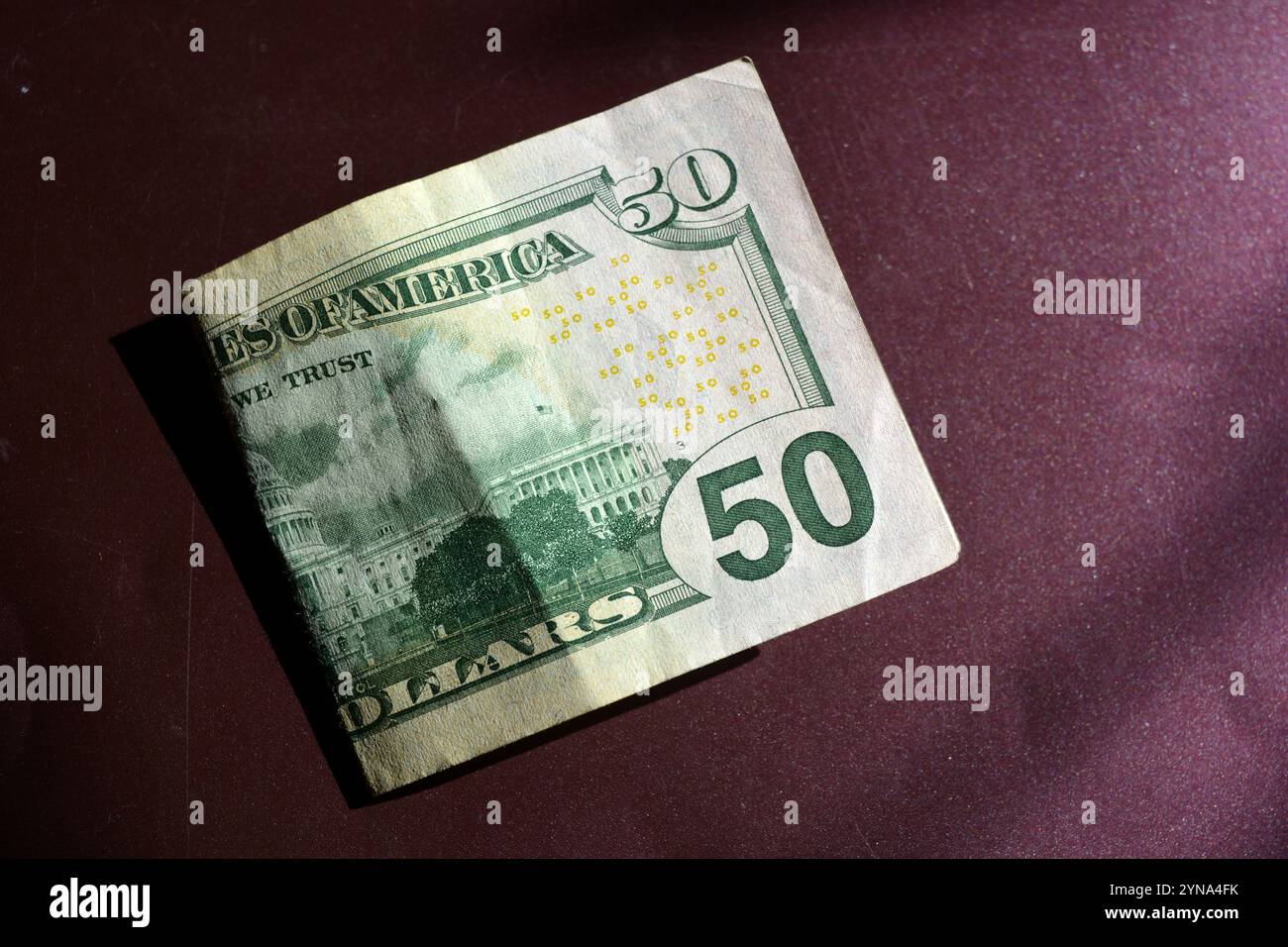 Natürliches amerikanisches Geld, Banknoten der vereinigten staaten von amerika in Höhe von 50 Dollar, 50 US-Dollar. Die Banknote. Stockfoto