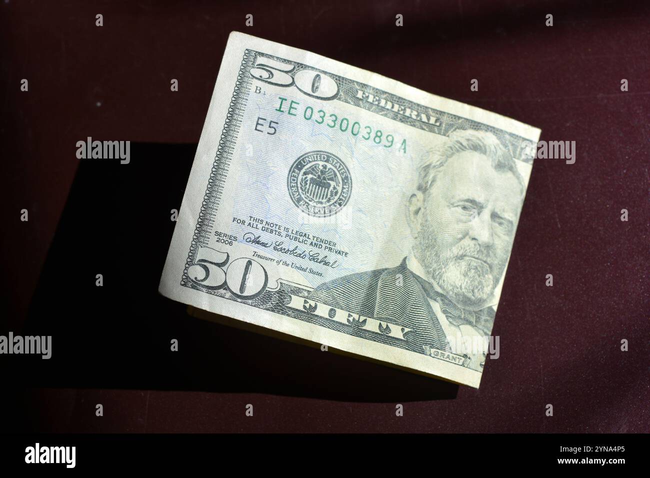 Natürliches amerikanisches Geld, Banknoten der vereinigten staaten von amerika in Höhe von 50 Dollar, 50 US-Dollar. Die Banknote. Stockfoto