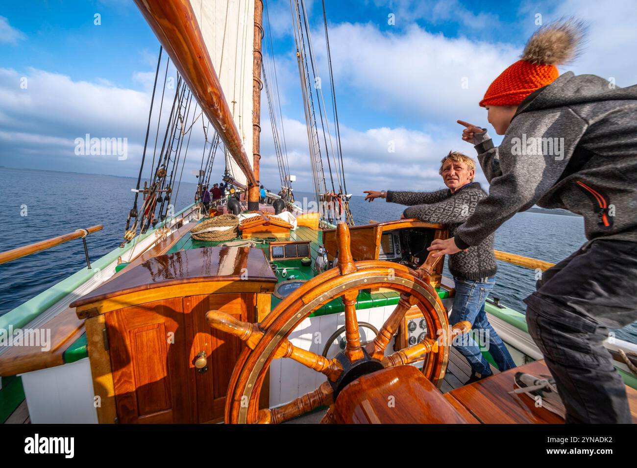 Dänemark, Fionie, Segeln an Bord des traditionellen Schoners Aron im UNESCO-Weltgeopark des südlichen Fionie-Archipels Stockfoto