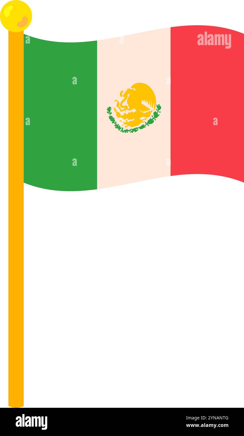 Mexikanische Flagge winkt auf Fahnenmast. Element des hispanischen Urlaubs Cinco de Mayo. Mexikanische Feiertagskone. Einfaches Cartoon-Vektorelement isoliert auf weißem Rücken Stock Vektor