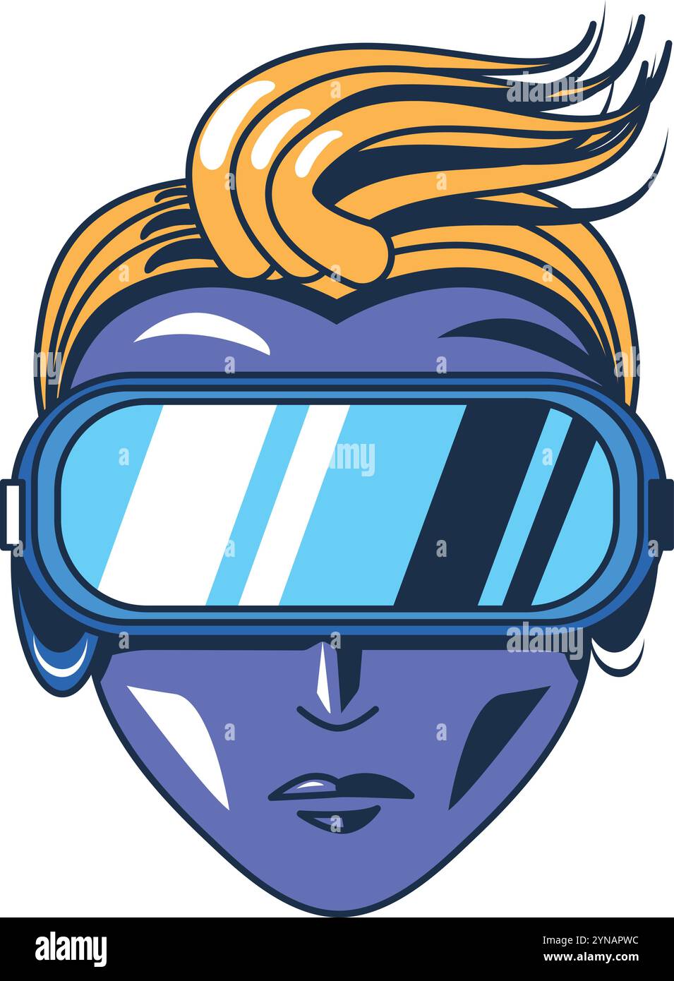 Cyber-Benutzergesicht in Virtual-Reality-Brillen. Gadget für VR-Technologien. High-Tech-Tools zum Aufbau virtueller Realität. Farbiger Comic-Vektor im Comic-Futu Stock Vektor