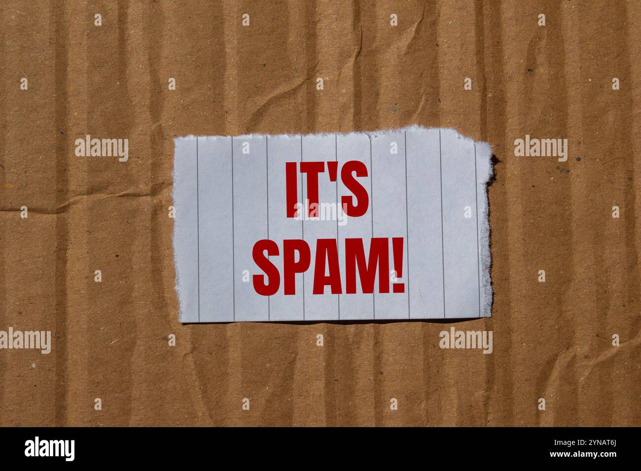 Es ist eine Spam-Nachricht, geschrieben auf zerrissenem Papierstück mit Papppapierhintergrund. Konzeptionell ist das Spam-Symbol. Kopierbereich. Stockfoto