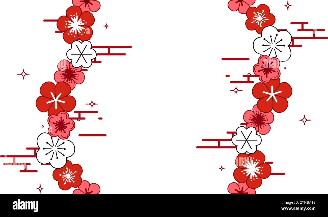 Chinesische Neujahrsgrußkarte vertikale nahtlose Rand asiatische Muster, orientalische Blumen, Sakura-Blüte. Vektorgrafik. Platz für Text Stock Vektor