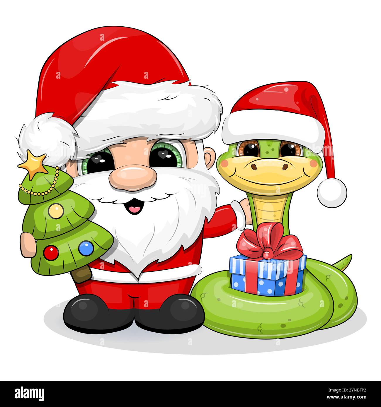 Niedlicher Weihnachtsmann mit Schlange und Weihnachtsbaum. Vektorillustration für Feiertage auf weißem Hintergrund. Stock Vektor