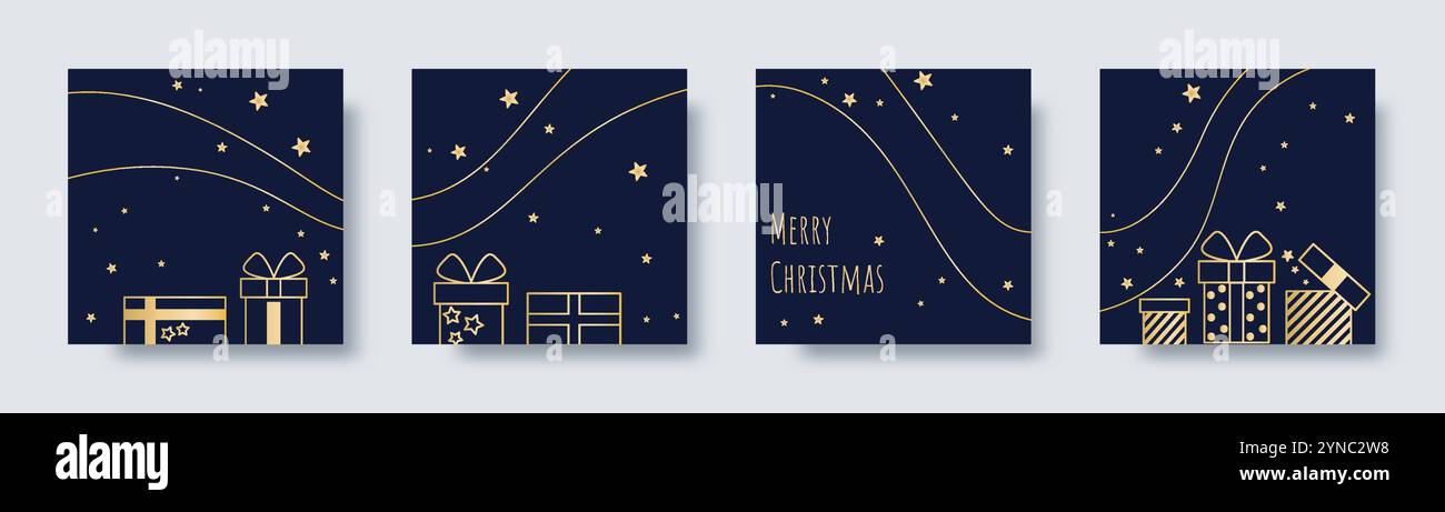 Festliche Sternenleuchten Karten Set. Quadratische Vorlagen im Einheitsstil mit goldenen Geschenkboxen und Sternenstreuung. Hintergründe für Social-Media-Beiträge, Karten Stock Vektor