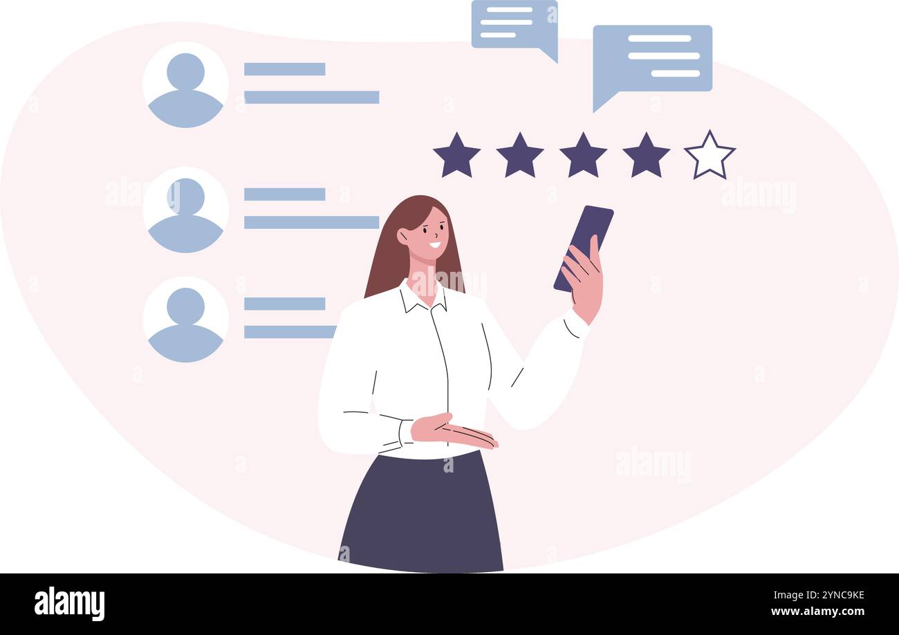 Büromädchen hat eine gute Bewertung. Soziales Leben, Bildungserfolge, positiver Arbeitsprozess. Die Bedeutung des digitalen Online-Lebens im modernen Lebensstil, Vektor Stock Vektor