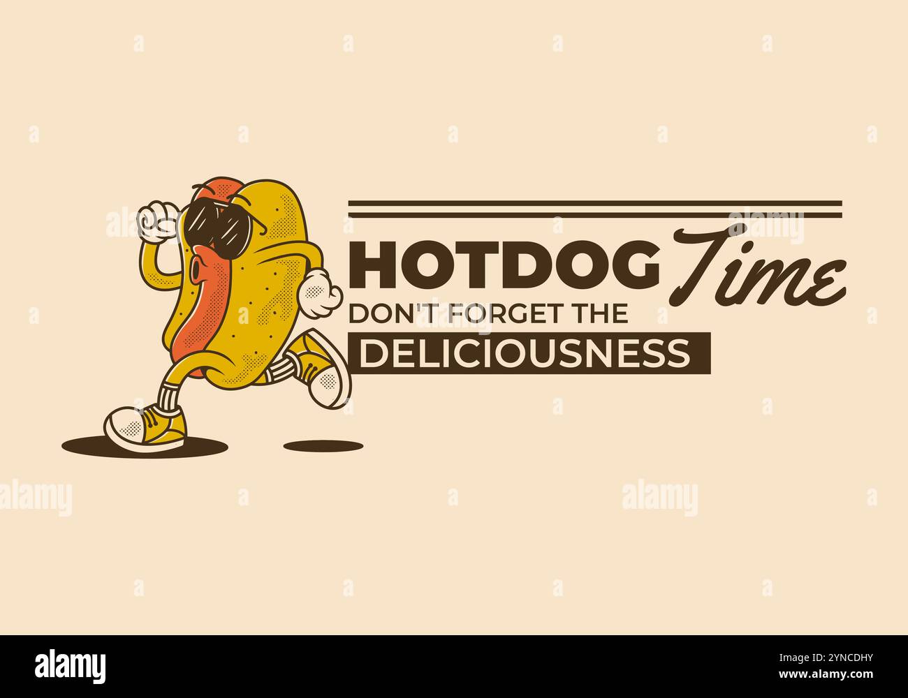 Hot Dog Time, vergiss nicht die Köstlichkeit. Vintage Retro Maskottchen Charakter eines Hot Dogs in laufender Pose Stock Vektor
