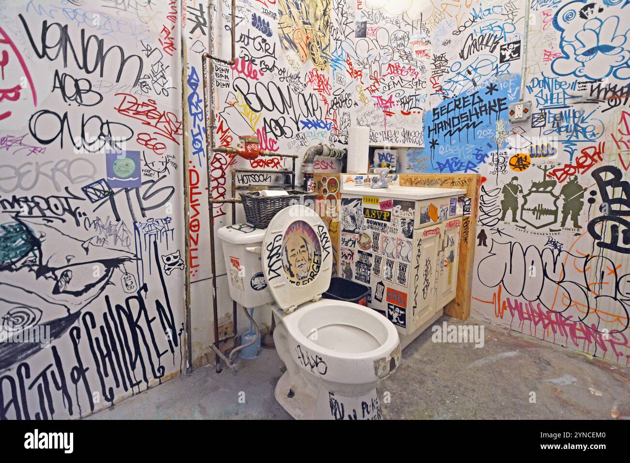 Badezimmer mit Graffiti im Low Brow Artique, einer Galerie und einem Zubehörladen im Bushwick-Bereich von Brooklyn, New York - Stockfoto