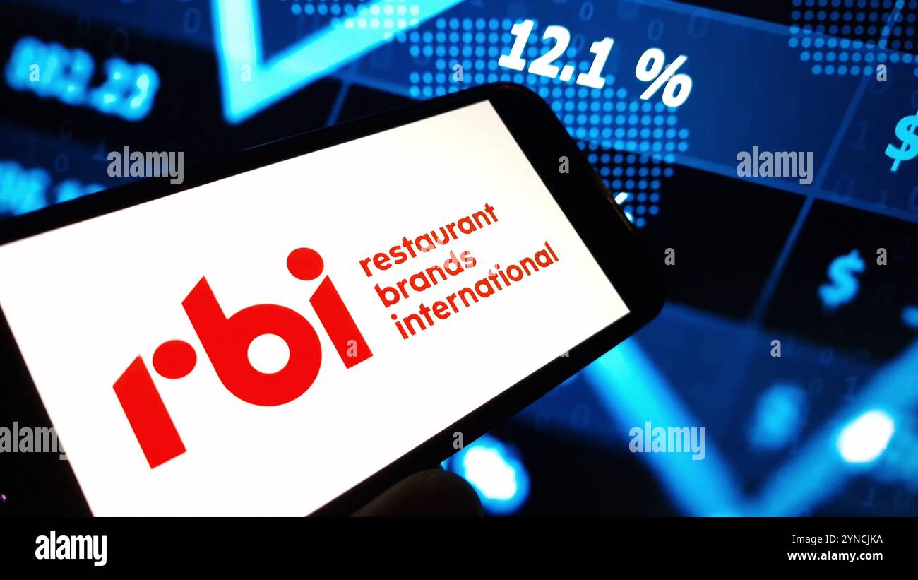 Konskie, Polen – 24. November 2024: Logo des Unternehmens Restaurant Brands International auf dem Mobiltelefon Stockfoto