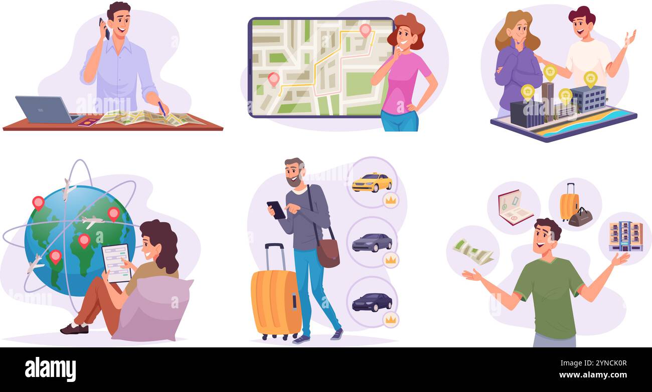 Reiseplanung. Tickets kaufen Buchung Hotel Touristen Logistik exakte Vektor Karikaturabbildungen Stock Vektor