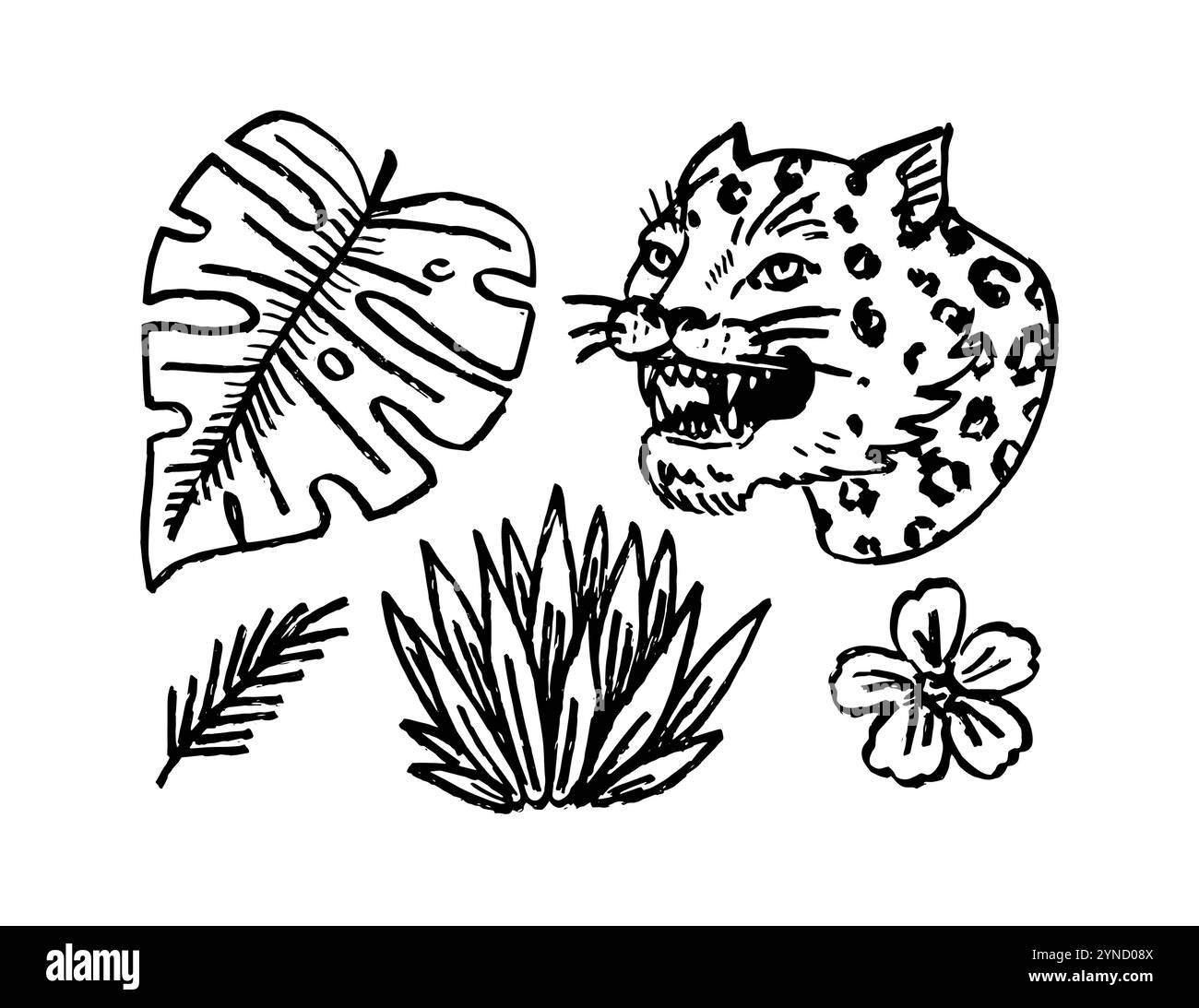Japanische Tiger Lynx mit tropischen Blättern. Wildtier mit Pflanzen. Illustration der Tätowierung. Banner oder Poster für Werbung oder Web Stock Vektor