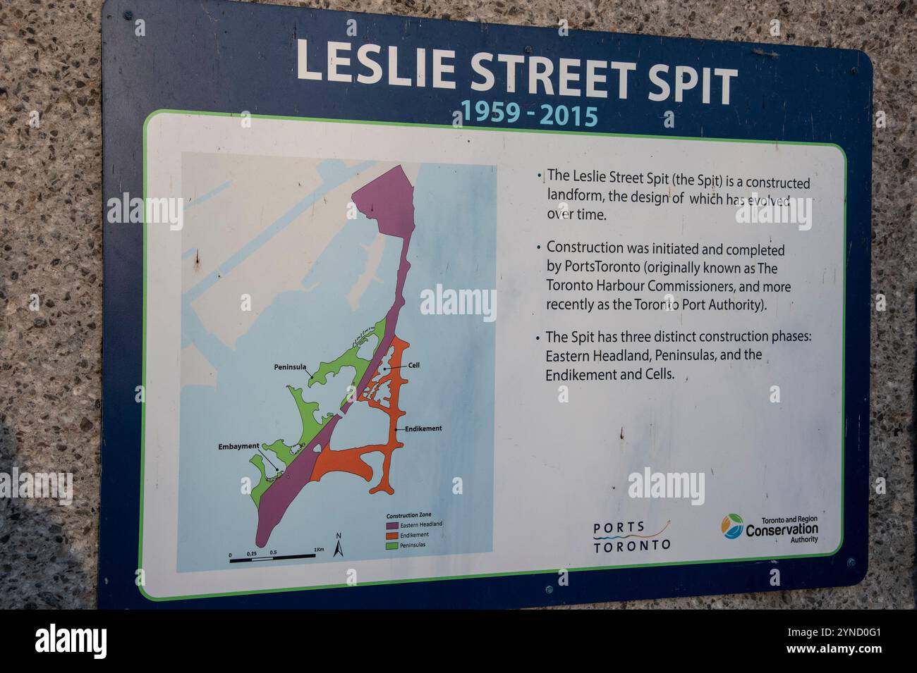 Leslie Street Spit Schild am Tommy Thompson Park in Scarborough, Toronto, Ontario, Kanada Stockfoto