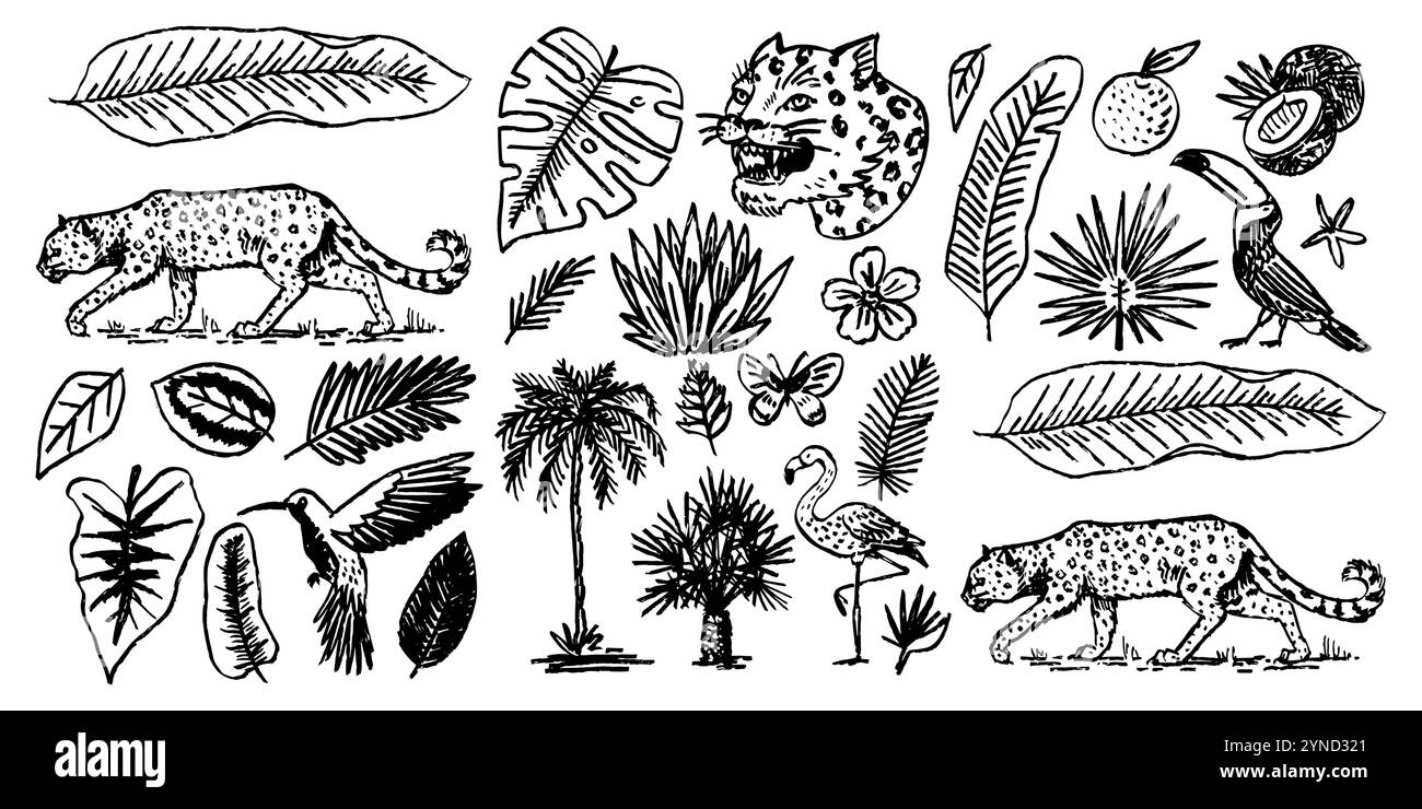 Japanische Tiger mit tropischen Blättern, Tukan, Flamingo, Kolibri. Wildtier mit Pflanzen. Illustration der Tätowierung. Banner oder Poster für Werbung oder Stock Vektor