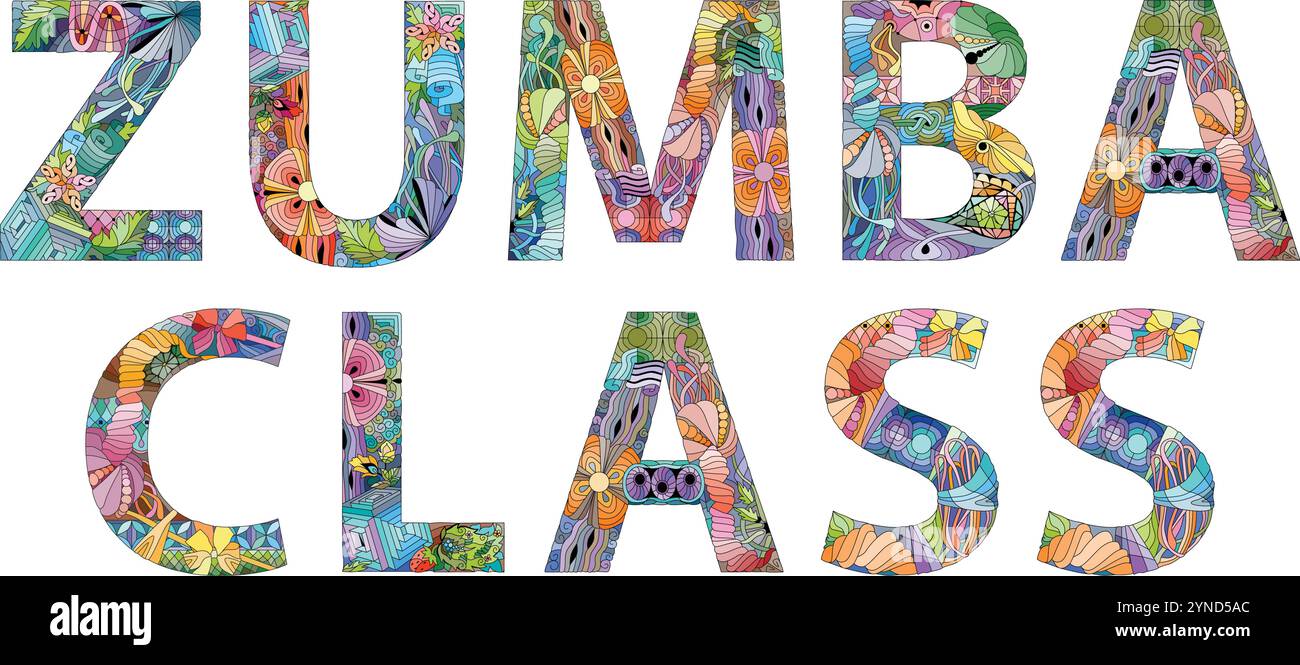 Handgemalte Kunst. Handgezeichnete Illustrationsworte ZUMBA-KLASSE für T-Shirt und andere Dekoration Stock Vektor