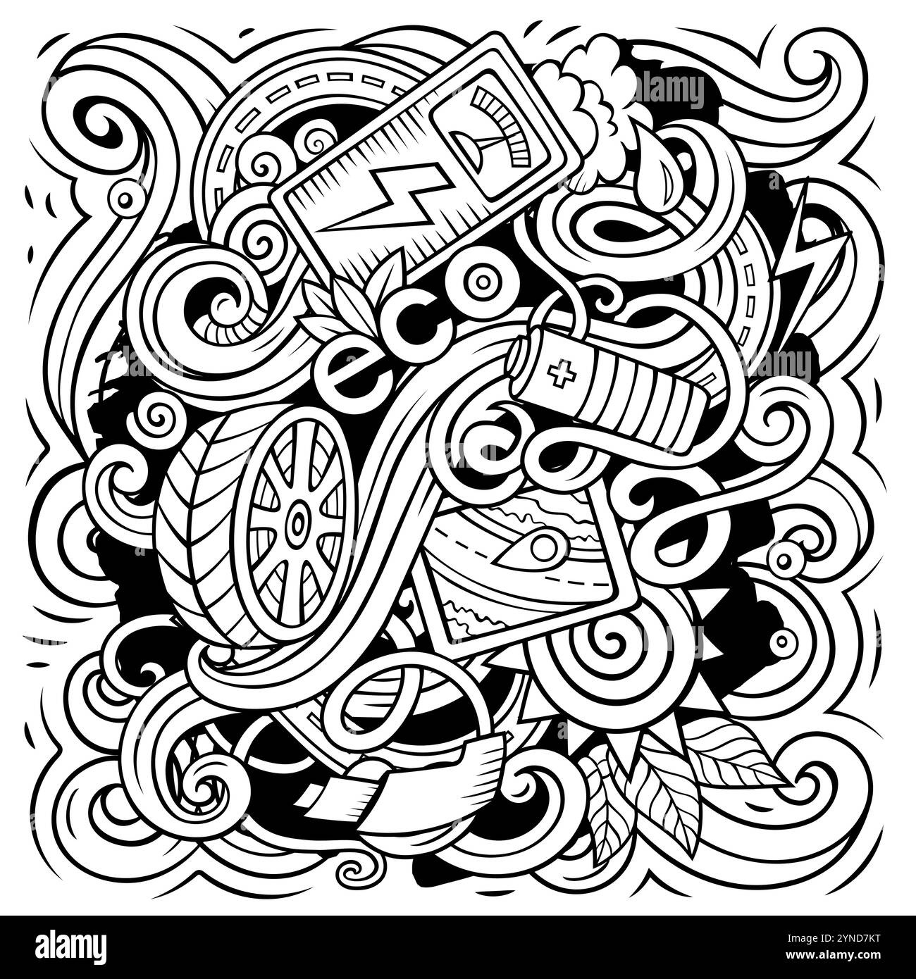 Elektrische Autos Cartoon Vektor Kritzeldesign. Linienkunst detaillierte Komposition mit vielen Öko-Transportobjekten und Symbolen Stock Vektor