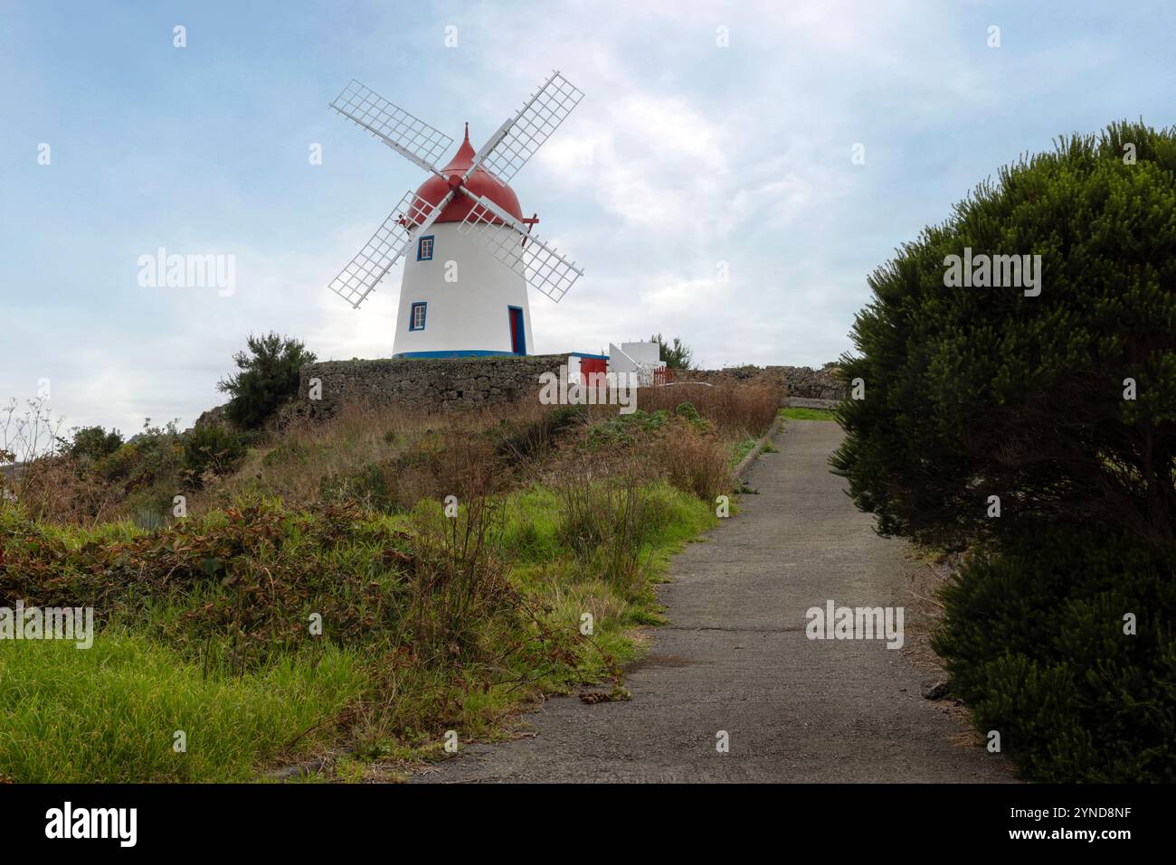 Die Windmühle am Pico das Mentiras blickt auf die Stadt Santa Cruz da Graciosa auf den Azoren. Stockfoto