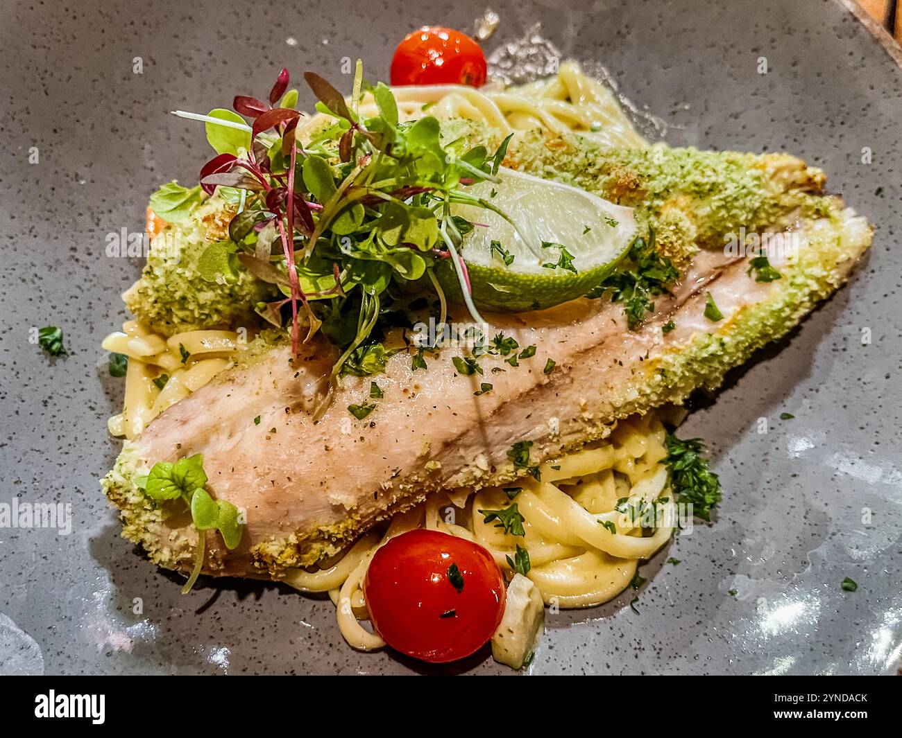 Karibischer Zackenbarsch mit Kräuterkruste, serviert auf Pasta mit Kirschtomaten und Limette, im Restaurant Zanzibar an der Jan-Thiel-Bucht, Curaçao. Karibischer Zackenbarsch gilt als einer der beliebtesten Speisefische der Region und erscheint häufig auf lokalen Speisekarten als Fang des Tages. Stockfoto