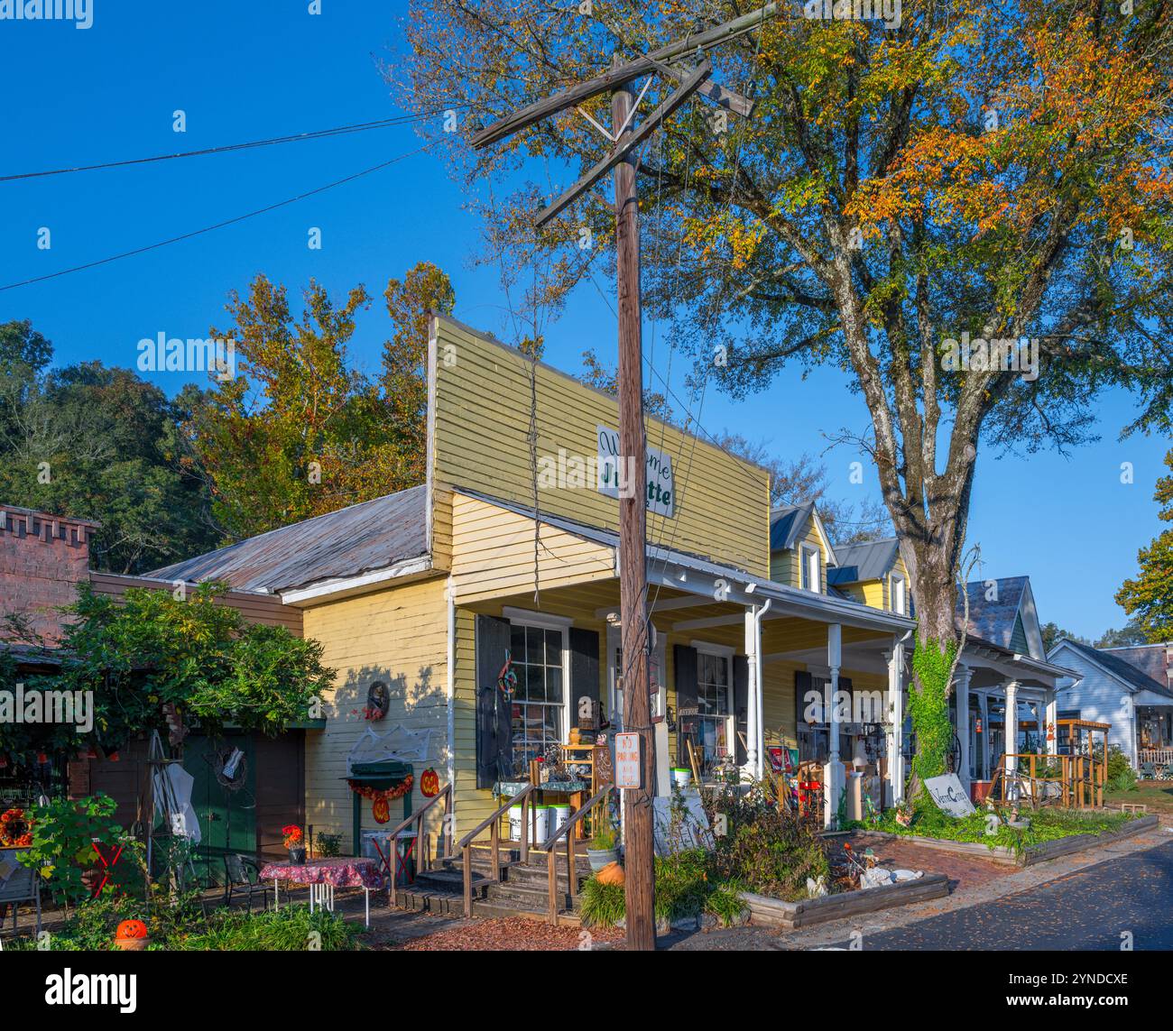 Geschäfte in der McCrackin Street, juliette, Georgia, USA. Die Stadt war Schauplatz des Films „Fried Green Tomatoes“ aus dem Jahr 1991 Stockfoto