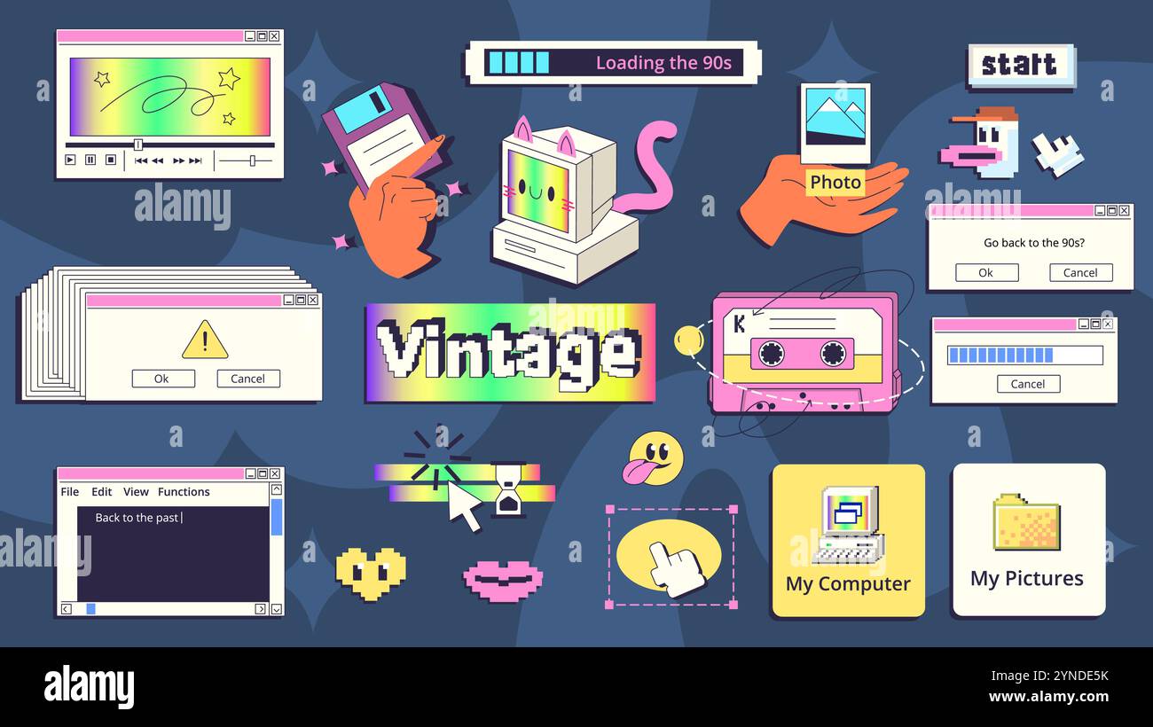 Retro-Schnittstellenaufkleber. Alte Computer y2k Technologie seltsame Elemente, Web Fenster Fehler Tab Spiel ui 2000s 90s 80s Vintage Desktop Ordner Design, Cartoon Klasse Vektor Illustration Original Artwork Stock Vektor