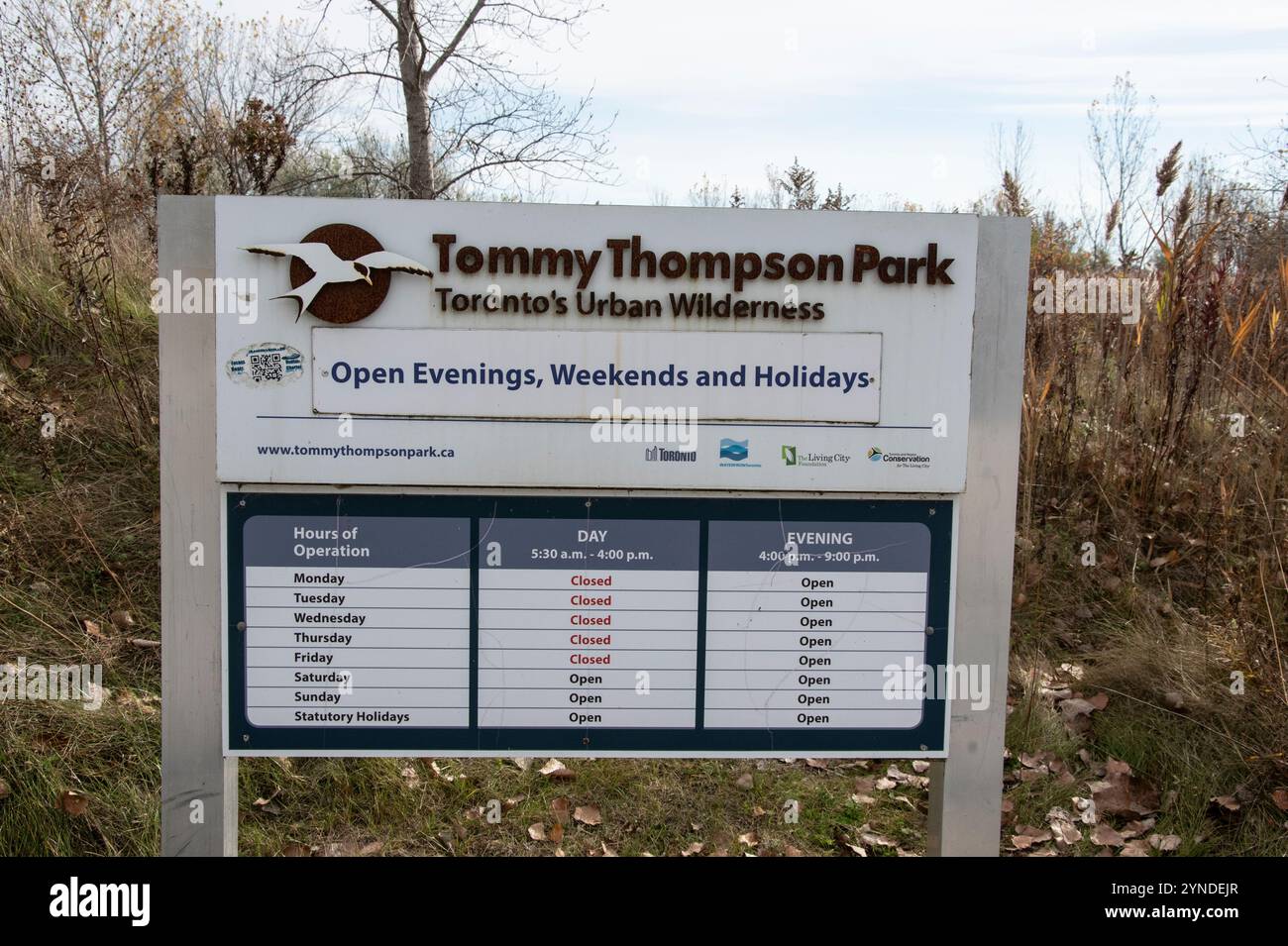 Tommy Thompson Park Schild in Scarborough, Toronto, Ontario, Kanada Stockfoto