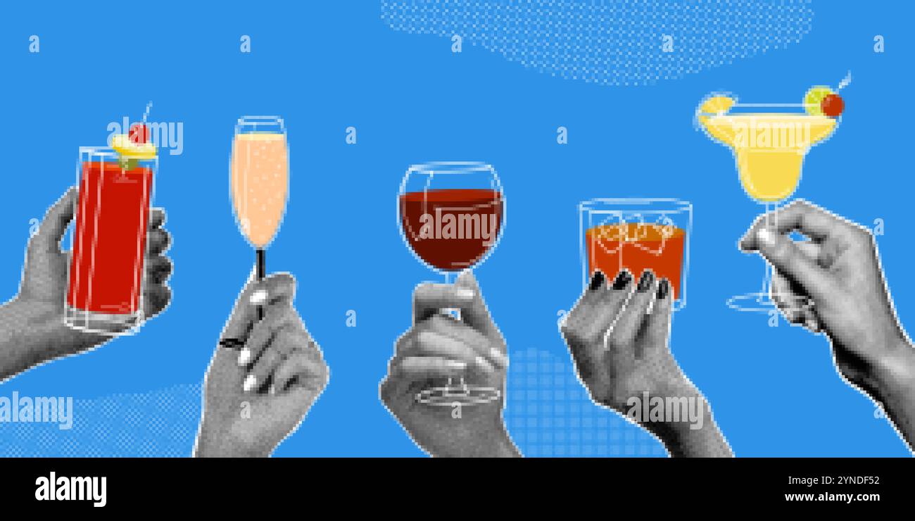 Halbtonhände trinken. Hand halten Alkohol trinken Gläser Cocktails Vintage Papier Collage, Arm Cheers Geburtstagsparty feiern Barkarten, Grunge Cut-out exakte Vektor Illustration Original Kunstwerk Stock Vektor