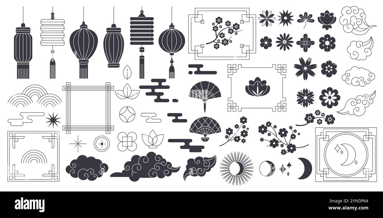 Chinesische Kultursymbole und -Rahmen lineare Glyphen-Symbole Sammlung. Traditionelle asiatische dekorative Ornamente Objekte auf weißem Hintergrund Stock Vektor