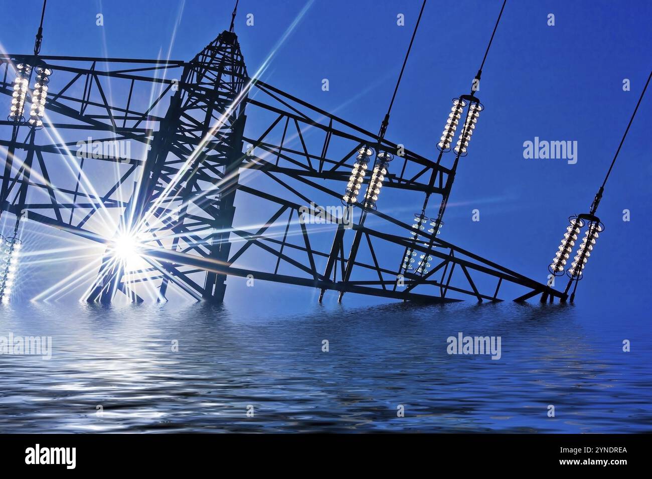 Stromleitung, Strommast, Stromleitung, Energie, Elektrizität, Spülbecken, Wasser, Wien, Österreich, Europa Stockfoto