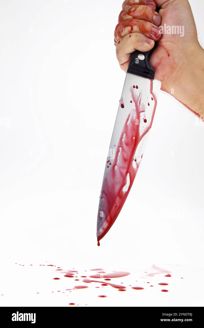 Ein Messer mit Blut beschmiert, Mordwaffe, symbolische Fotoverbrechen, Messerverbot, Messerstecher, Metzgermesser Studio Foto, Österreich, Europa Stockfoto