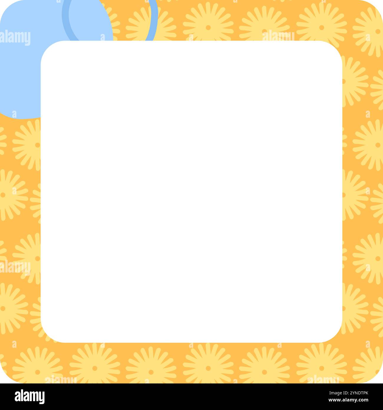 Leeres weißes Quadrat mit dekorativem gelbem Blumenrand auf orangem Hintergrund und blauen Akzenten. Vorlagendesign mit Kopierraum für Notizen, Einladung Stock Vektor