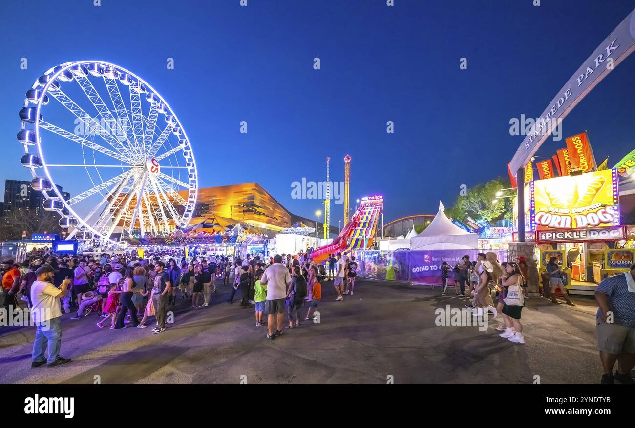 Calgary, Alberta, Kanada. Juli 2024. Ein lebhafter Abend im Stampede Park mit einem hell beleuchteten Riesenrad, einer bunten Rutsche und einer lebhaften Krähe Stockfoto