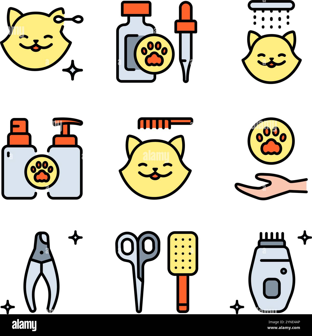 Farbsymbole für die Tierpflege im Salon. Pflege von Katzen und Hunden. Tierärztliche Dienstleistungen. Einfache flache Vektorsymbole für ui und ux, Website oder mobile App Stock Vektor