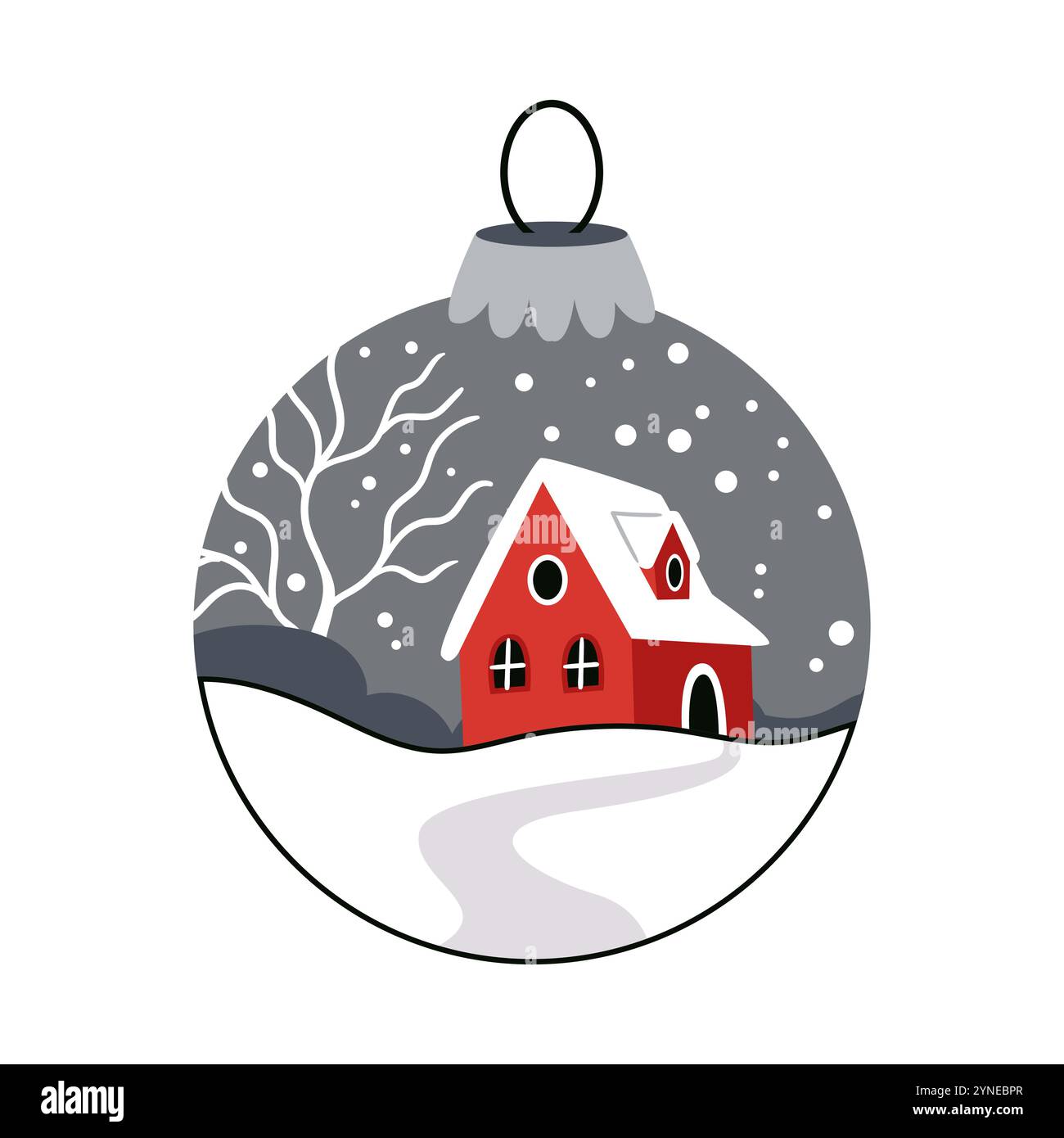 Minimalistischer Neujahrsball im skandinavischen Stil in grauen Farben. Rotes Haus in einer Winterlandschaft. Stock Vektor