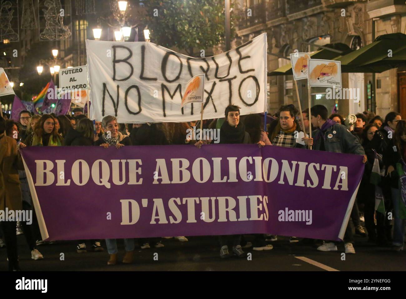 Oviedo, Spanien, 25. November 2024: Eines der Banner der Demonstration des Bloque Abolicionista d´Asturies während der Demonstration „Let Shame Change Sides“ am 25. November 2024 in Oviedo, Spanien. Quelle: Alberto Brevers / Alamy Live News. Stockfoto