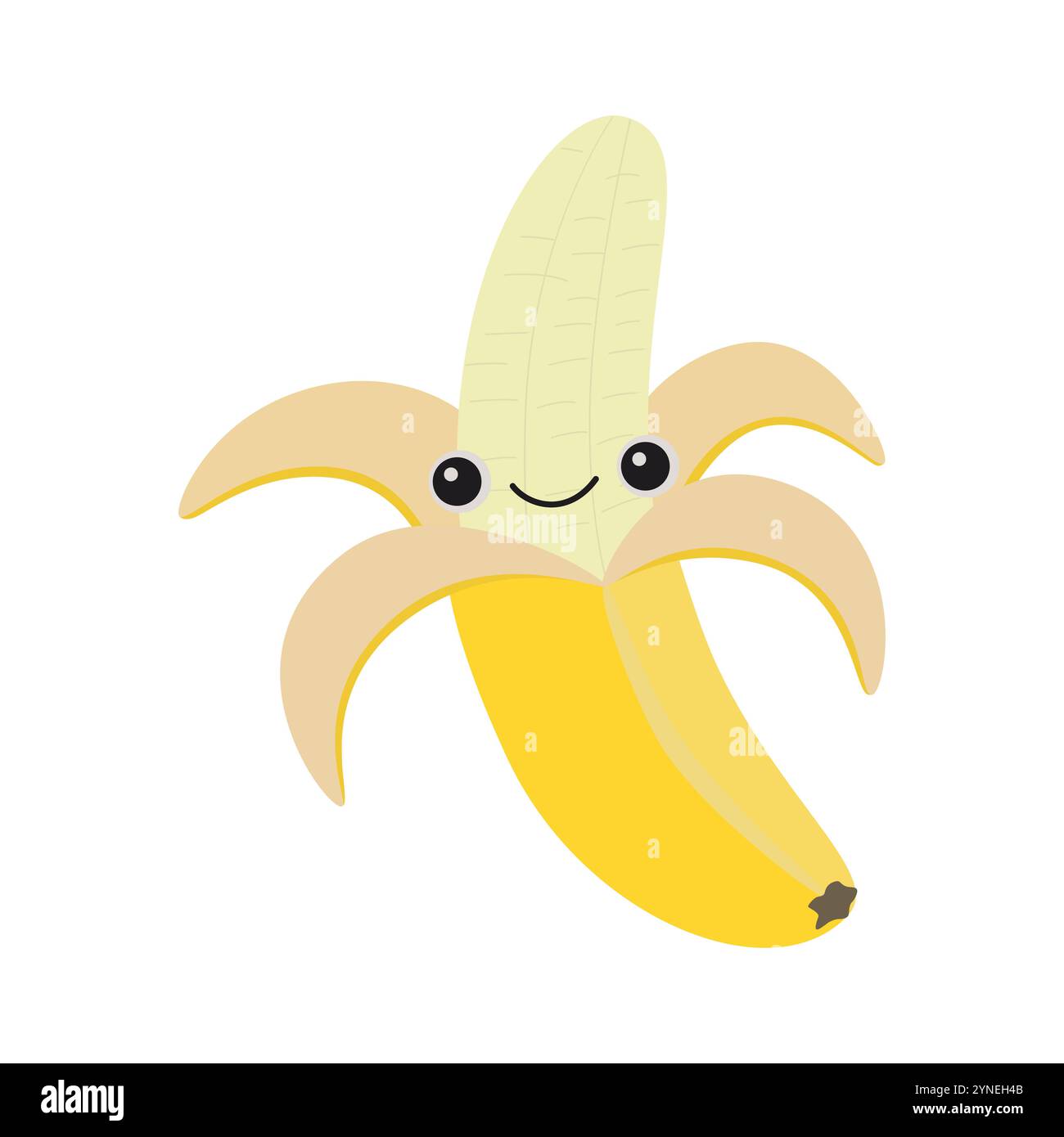 Niedlicher fröhlicher Bananencharakter. Lustiges lächelndes und winkendes Frucht-Comic-Emoticon im flachen Stil. Stock Vektor