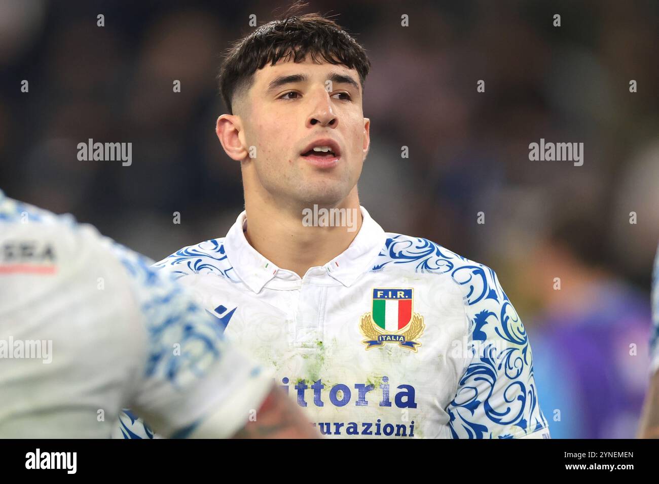 Turin, Italien. November 2024. Tommaso Menoncello aus Italien während des Spiels der Autumn Nation Series im Allianz Stadium in Turin. Der Bildnachweis sollte lauten: Jonathan Moscrop/Sportimage Credit: Sportimage Ltd/Alamy Live News Stockfoto