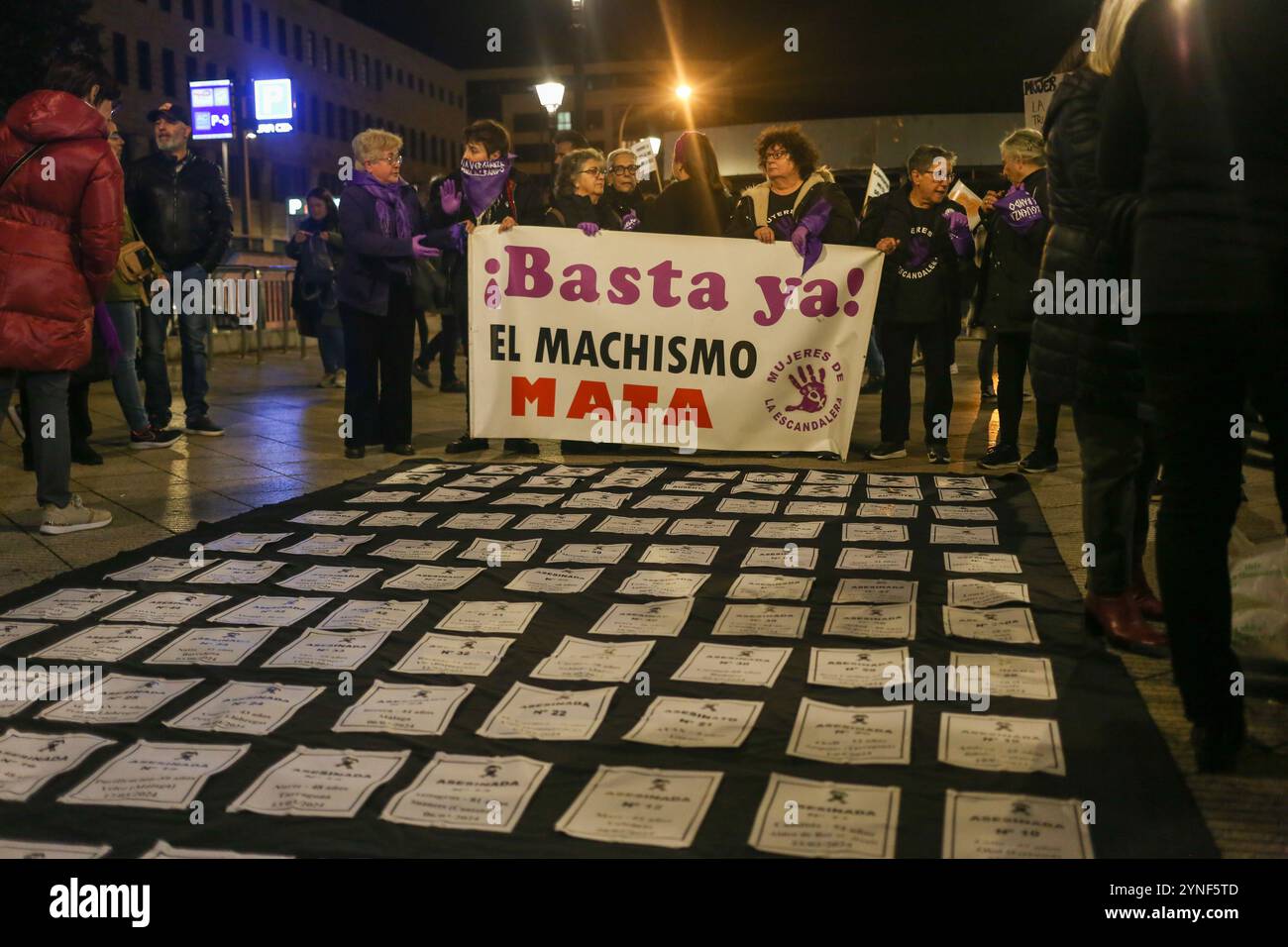 Oviedo, Asturien, Spanien. November 2024. Oviedo, Spanien, 25. November 2024: Eines der wichtigsten Banner „genug schon! Machismo tötet neben den Nachrufen derjenigen, die 2024 während der Demonstration "Let Shame Change Sides" 2024 in Oviedo, Spanien, an geschlechtsspezifischer Gewalt starben. (Kreditbild: © Alberto Brevers/Pacific Press via ZUMA Press Wire) NUR REDAKTIONELLE VERWENDUNG! Nicht für kommerzielle ZWECKE! Quelle: ZUMA Press, Inc./Alamy Live News Stockfoto