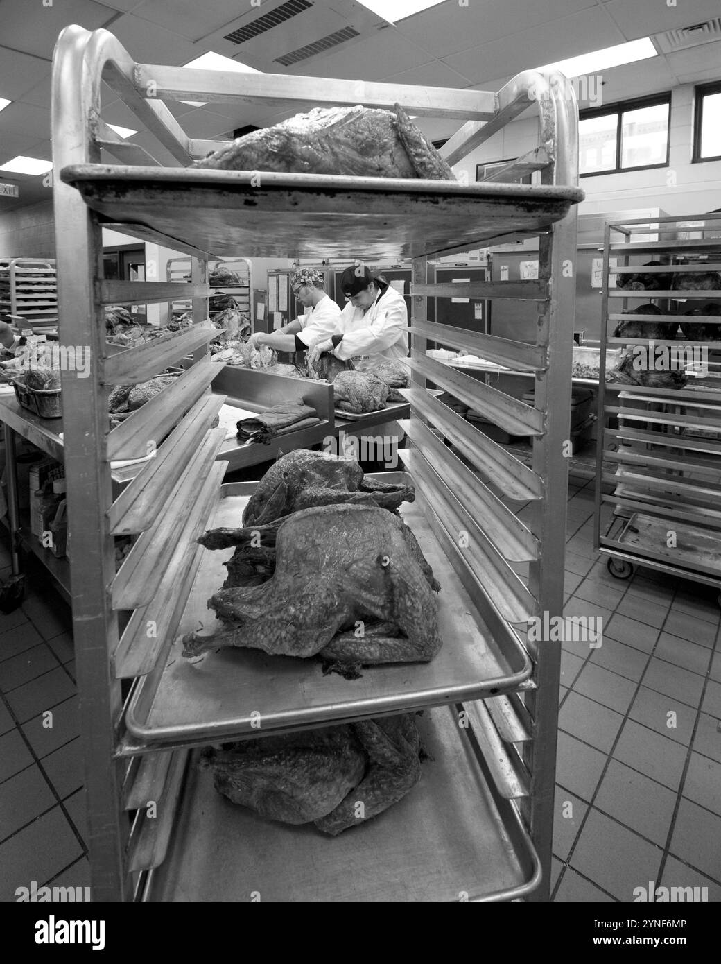 Küchenarbeiter im Pine St. Inn, New Englands größtem Obdachlosenheim in Boston, MA, bereiten Thanksgiving-Truthühner vor, die über 1500 Gästen beim Thanksgiving Dinner im Pine St. Inn und in anderen Obdachlosenheimen in Boston serviert werden. Das Abendessen wird von Mitarbeitern, Mitgliedern des Food Services Programms und Freiwilligen zubereitet. (Rick Friedman) Stockfoto