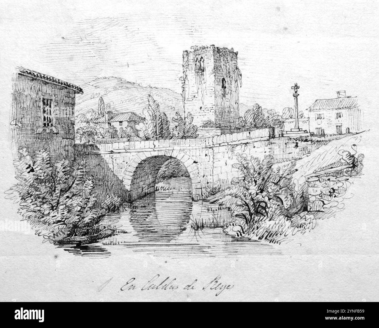 Caldas de Reis. Torre de Dona Urraca e vella ponte erfahre o Río Bermaña. Stockfoto