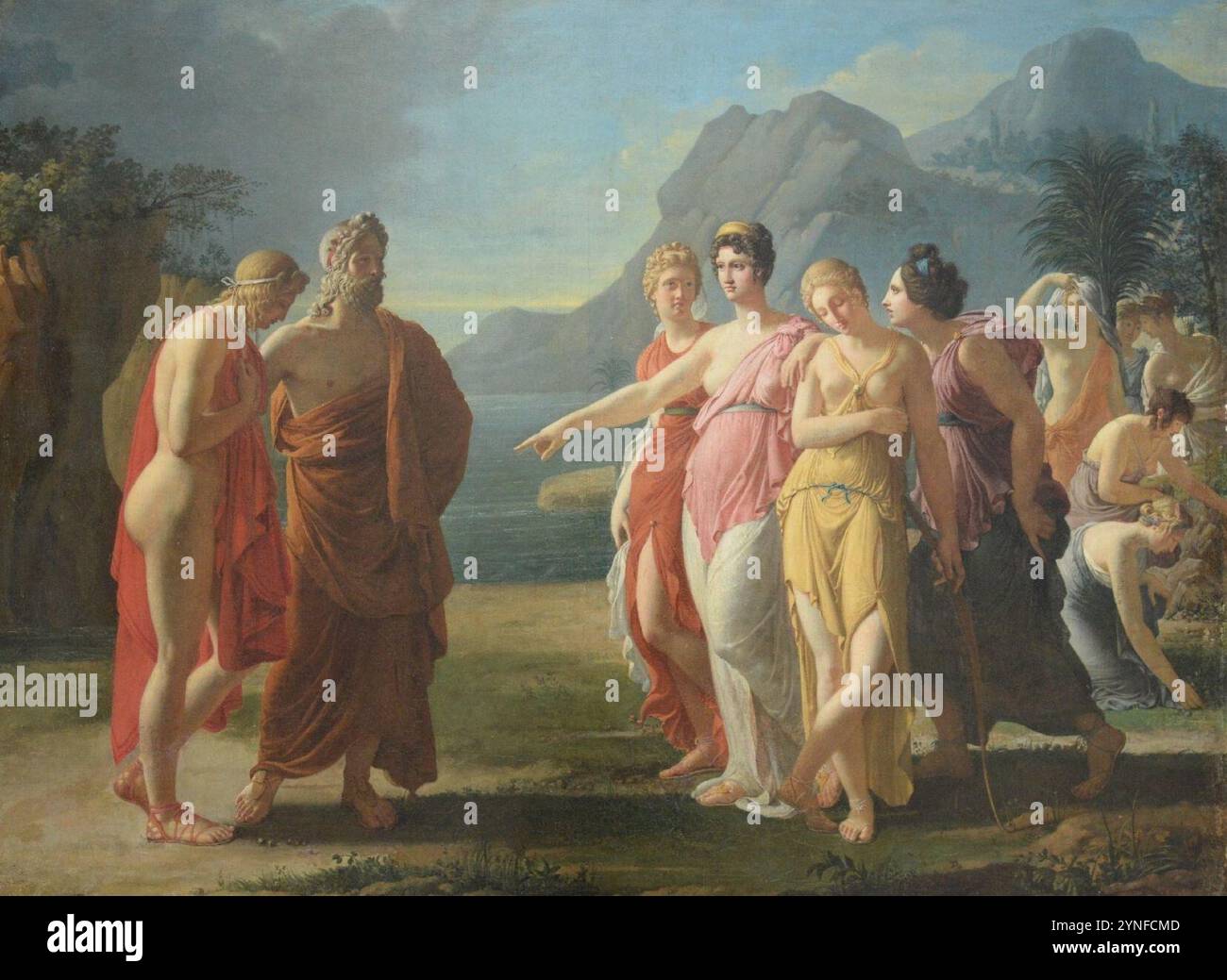 Calypso empfängt Telemachus und Mentor auf ihrer Insel - Pierre-Edme-Louis Pellier. Stockfoto