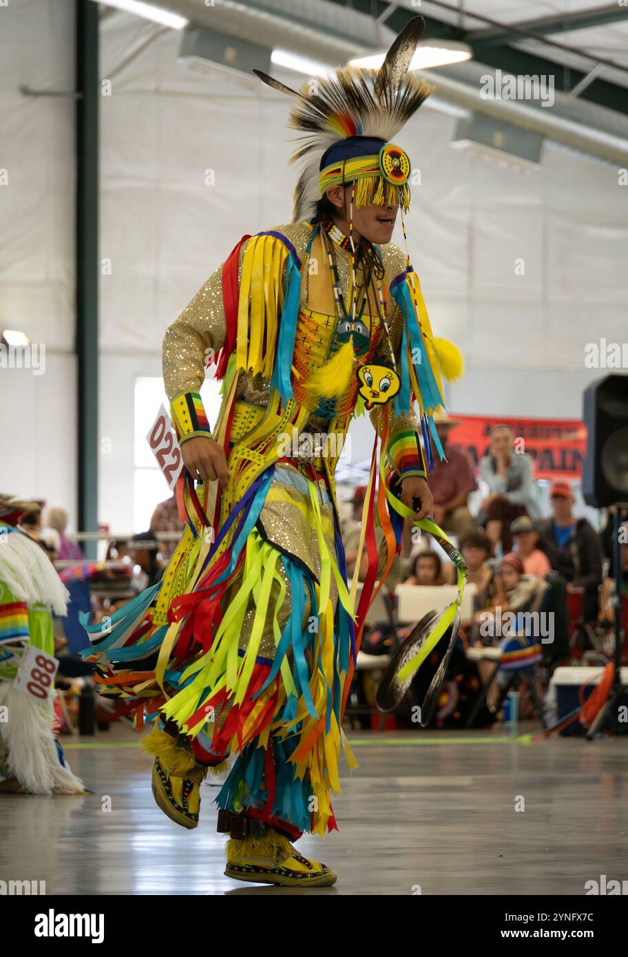 Junge Indianer tanzen das Gras in voller Insignien bei einem The Last Chance Pow Wow in Helena, Montana. Stockfoto