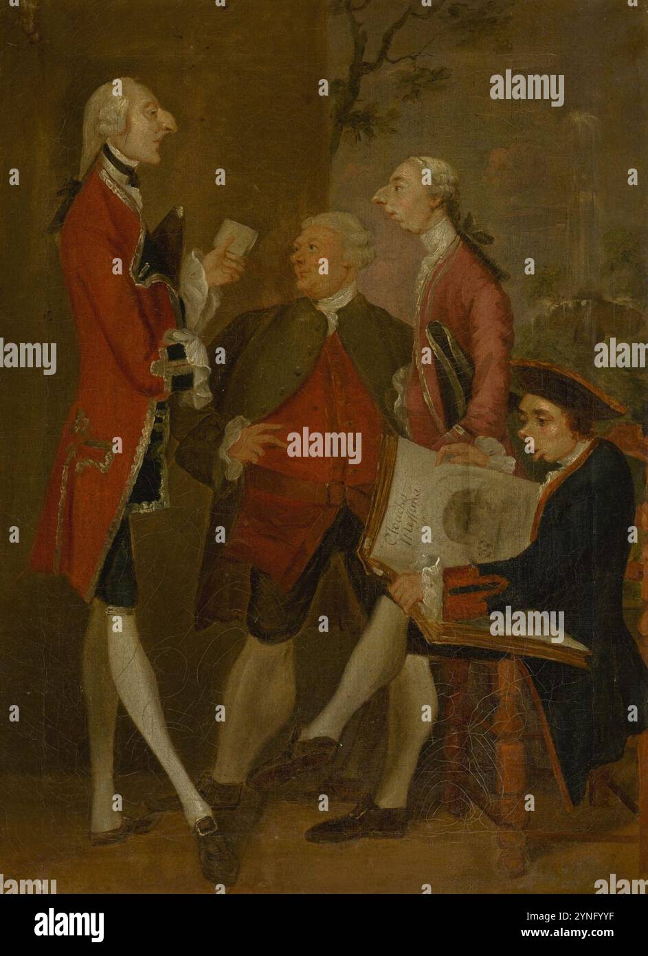 Karikatur von Thomas Brudenell-Bruce, 1. Earl of Ailesbury, John Ward, Joseph Leeson, später 2. Earl of Milltown, und Joseph Henry of Straffan (nach Sir Joshua Reynolds). Stockfoto