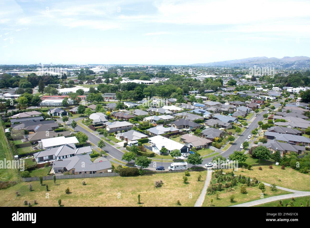 Luftaufnahme des Vorstadtbaus, Hillmorton, Christchurch (Ōtautahi), Canterbury, Neuseeland Stockfoto