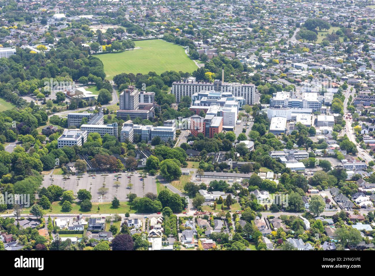 Luftaufnahme der Universität Canterbury, Ilam, Christchurch (Ōtautahi), Canterbury, Neuseeland Stockfoto