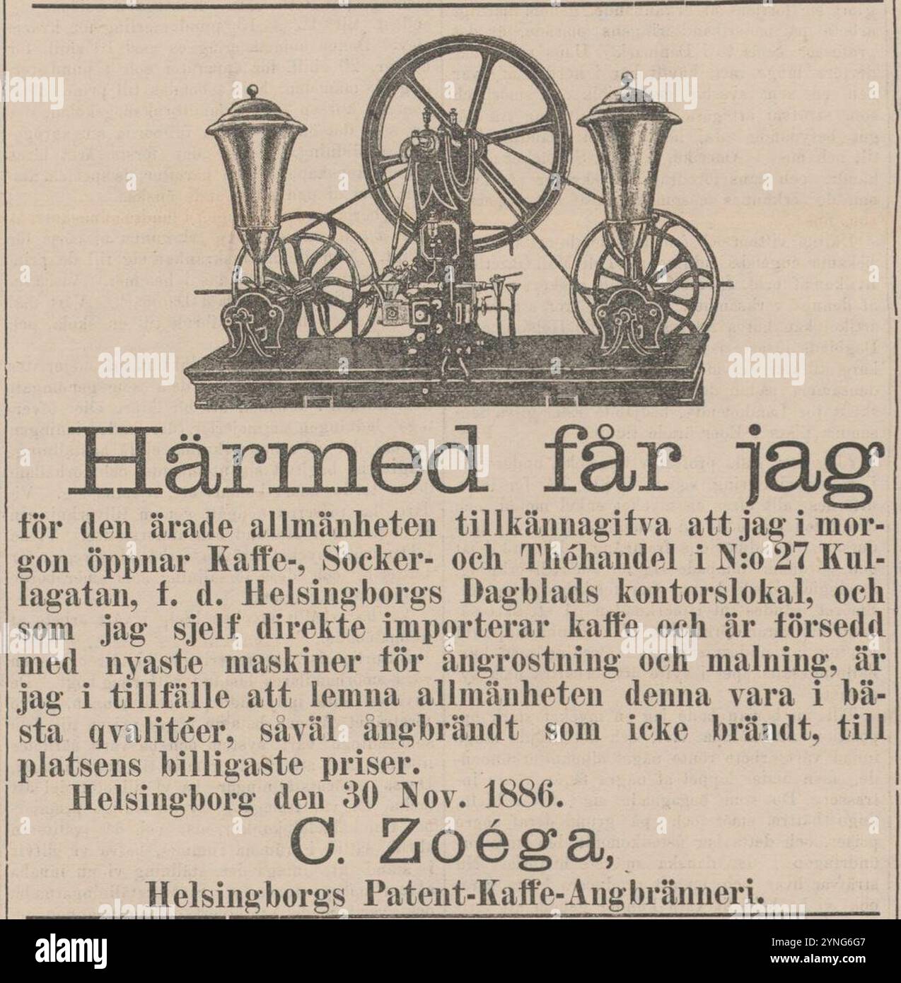 Carlos Zoégas annons i Helsingborgs Dagblad 1886-11-30. Stockfoto