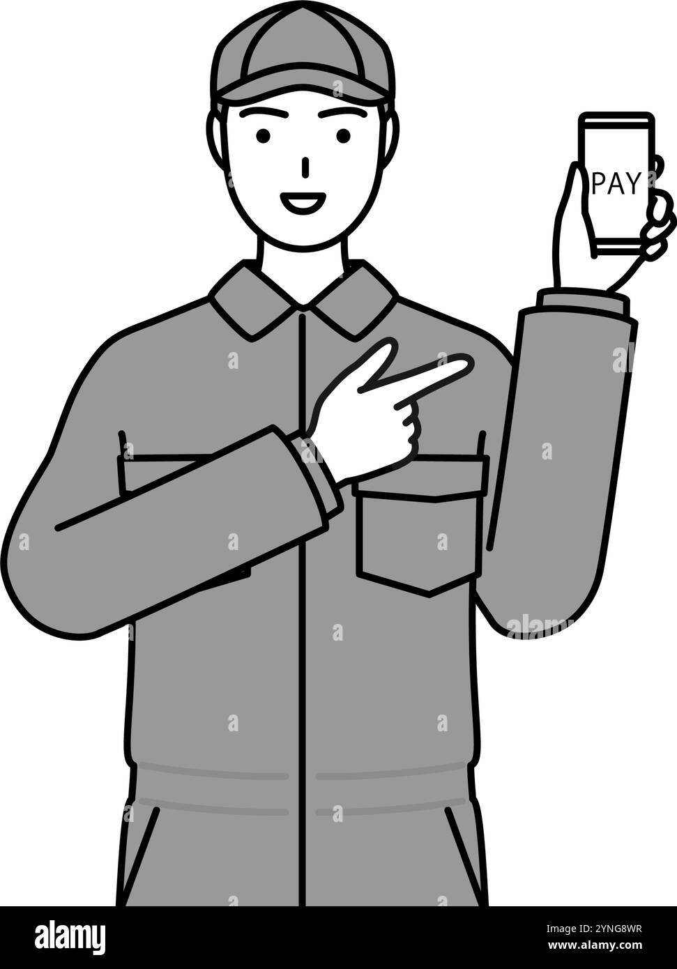 Ein Mechaniker in Overalls, der bargeldlose Online-Zahlungen auf einem Smartphone empfiehlt, Vector Illustration Stock Vektor