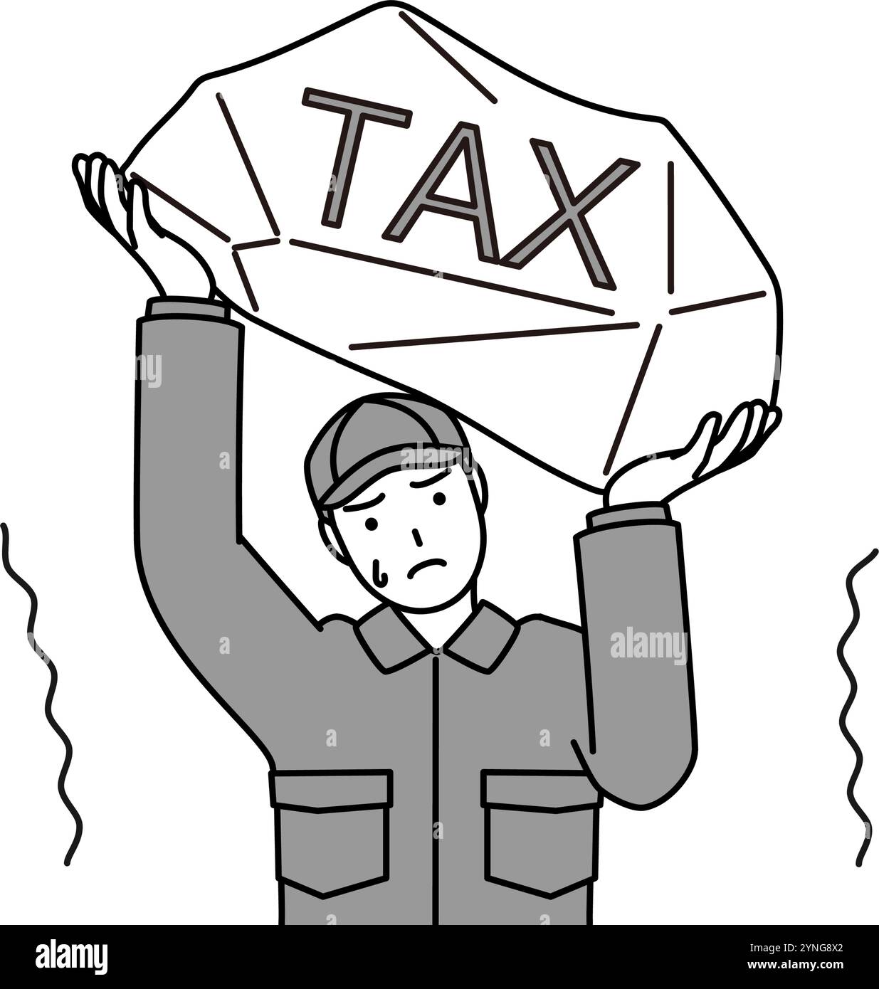 Ein Mechaniker in Overalls, der unter Steuererhöhungen leidet, Vektor-Illustration Stock Vektor