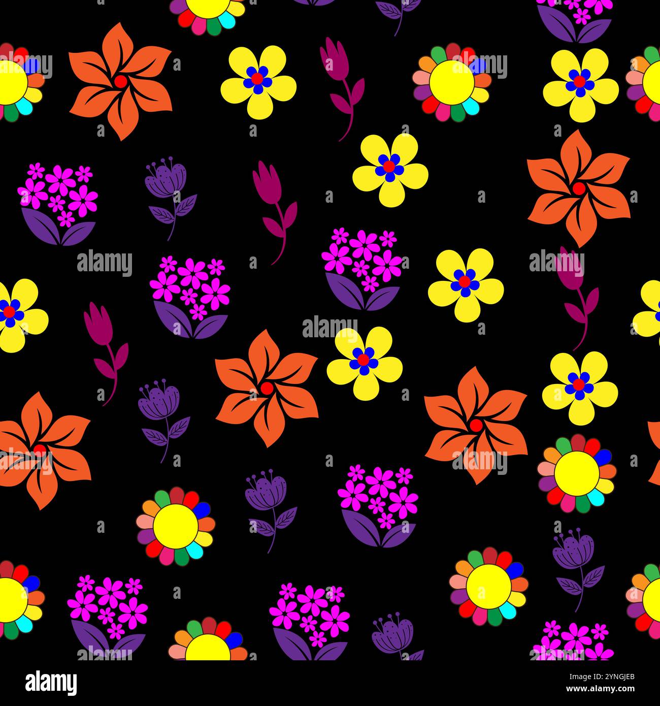 Ein farbenfrohes und lebendiges Blumenmuster mit verschiedenen Blumen auf klassischem schwarzem Hintergrund, perfekt für Textilien, Tapeten und digitale Designs. Stock Vektor